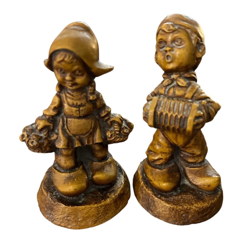 Charming Vintage Dutch Boy & Girl Figurines – Bronze-Tone Resin – 1970s Folk Art